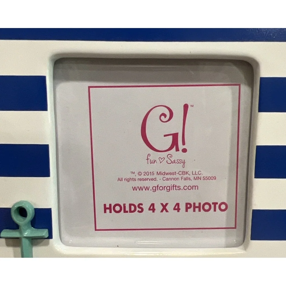 New G! Gifts Picture Frame Photo Blue White Stripe Ceramic Anchor Nautical